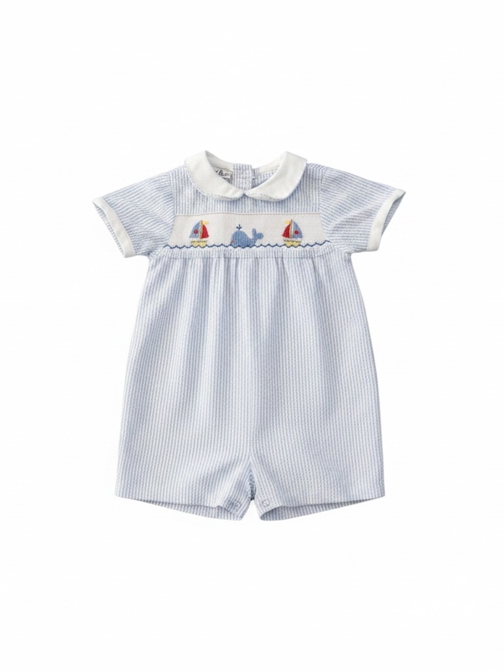 Petit Ami Blue Seersucker Baby Romper with Sailboat and Whale Smocking
